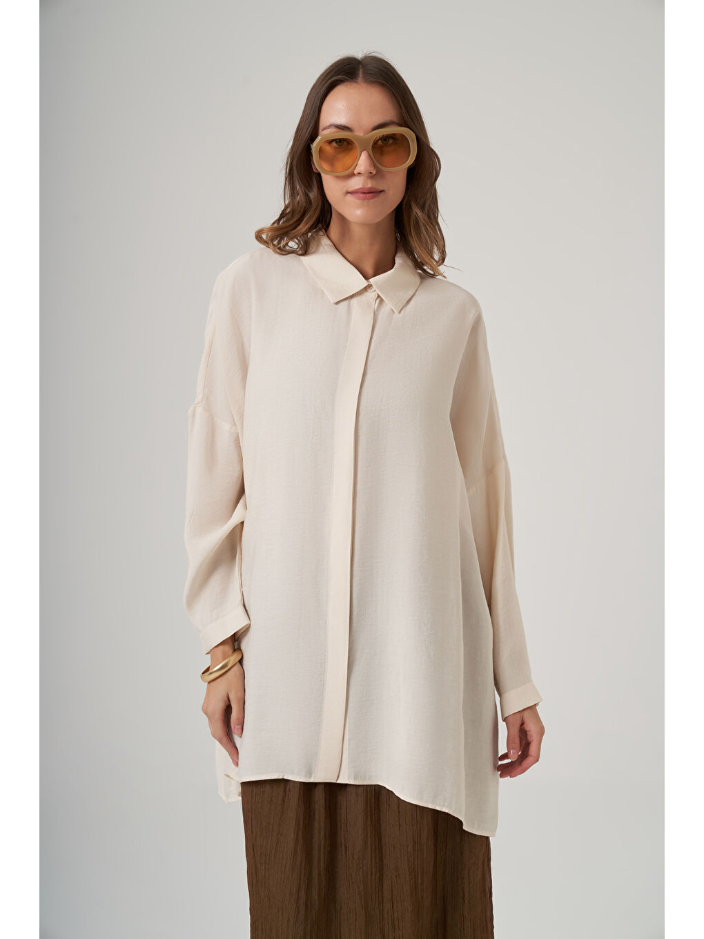 Ekru Oversize Basic Yazlık Gömlek 3001 Krem