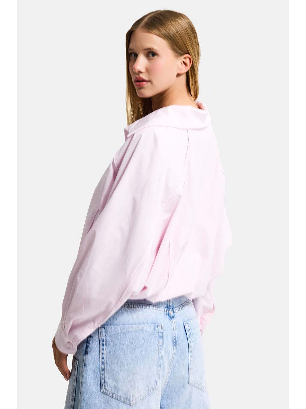 kadın Pembe Renk w5 Oversize Özel Organik Kumaş Tasarım Gömlek Ceket-6