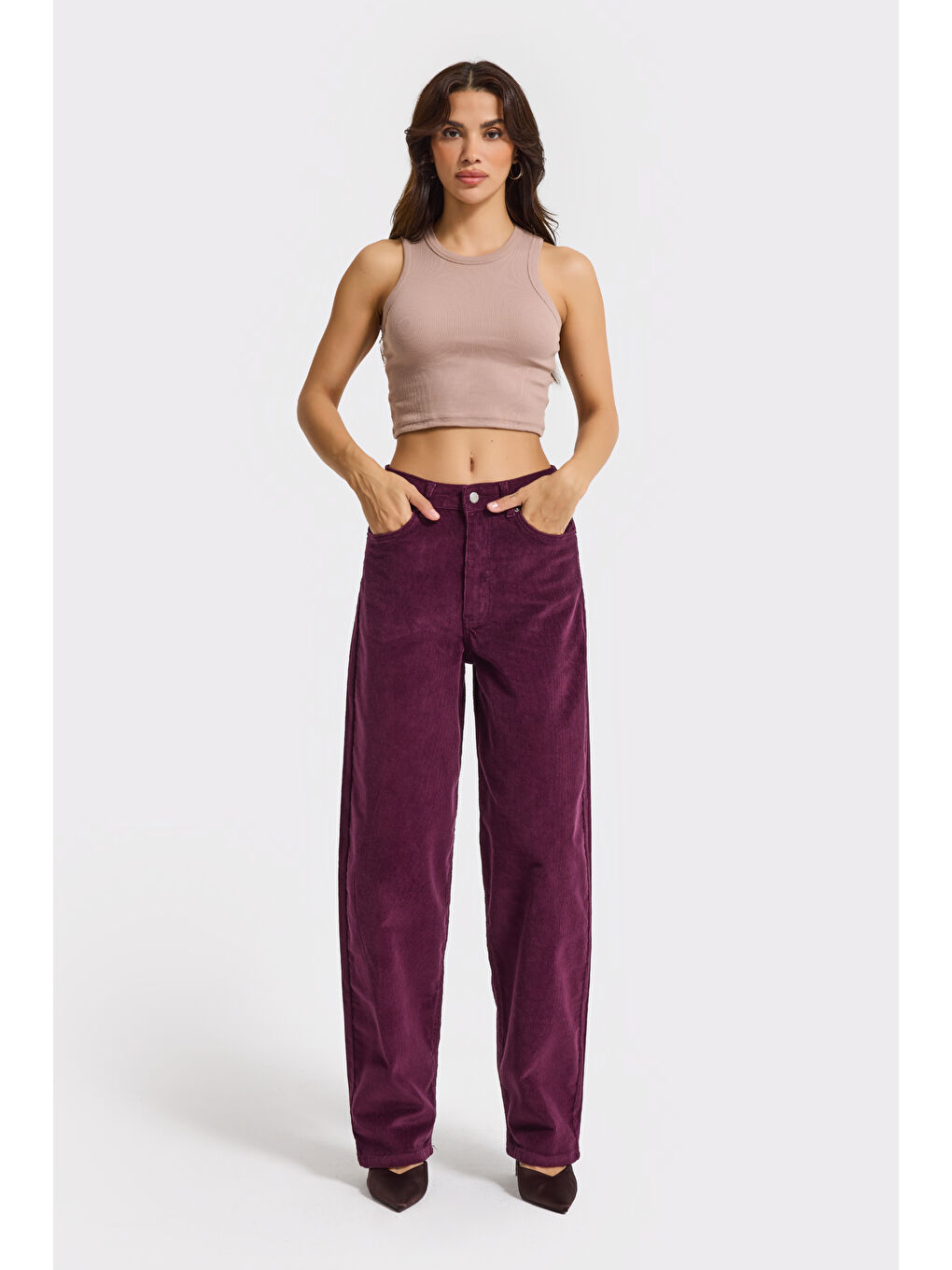 Kadın Mor Renk 26w5-111 Skater Fit Esnek Kumaş İnce Fitilli Velvet Kadife Kumaş Pantolon-2