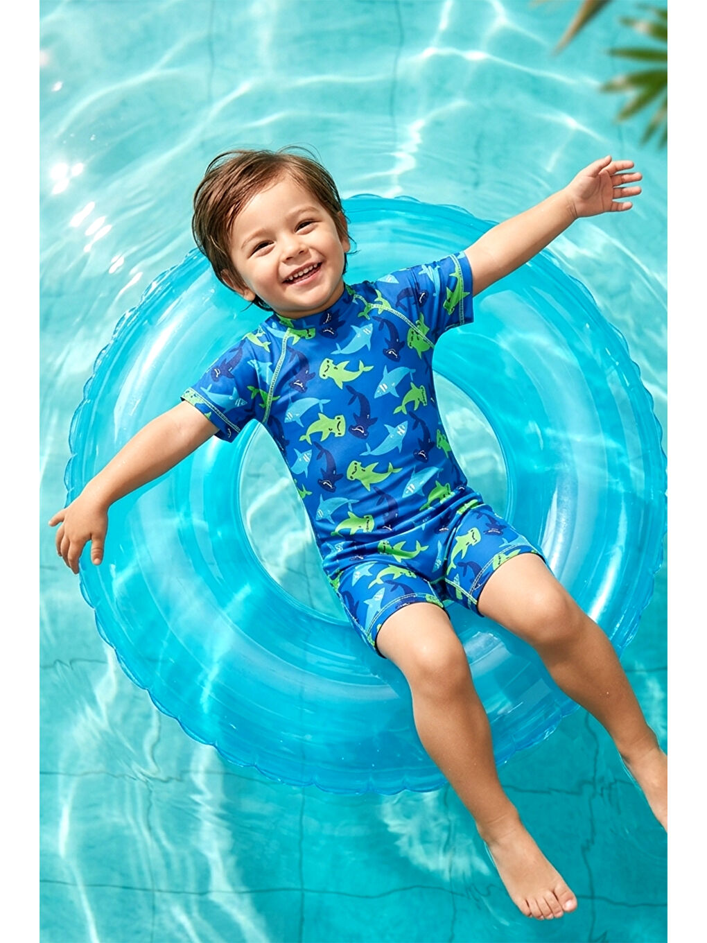 Ekru UV Korumalı Tulum Kısa Kollu Şortlu Çocuk Bebek Yüzücü Mayo C64 Shark Köpek Balığı-1