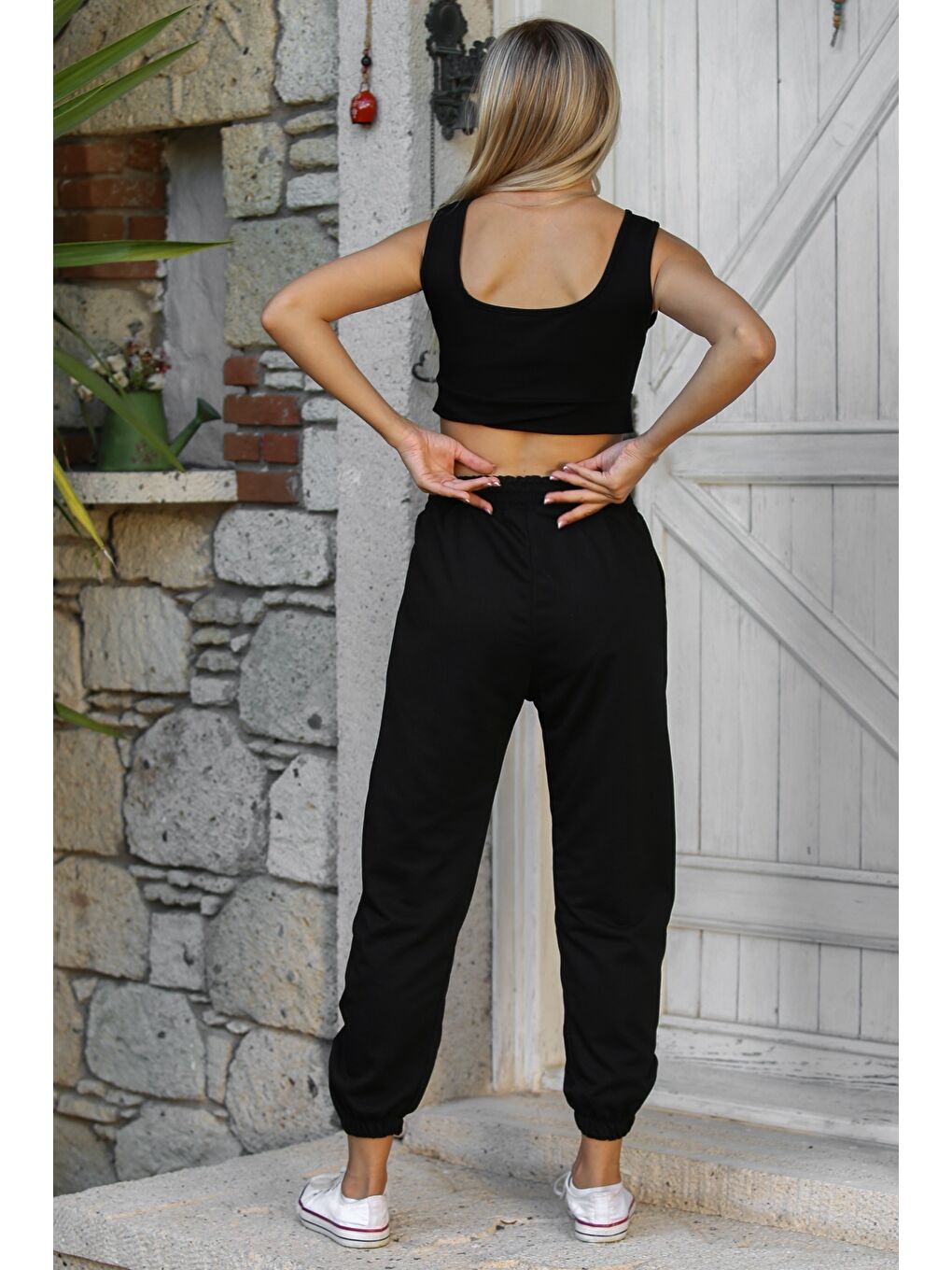 Siyah Çift Cepli Örme Casual Pantolon-7