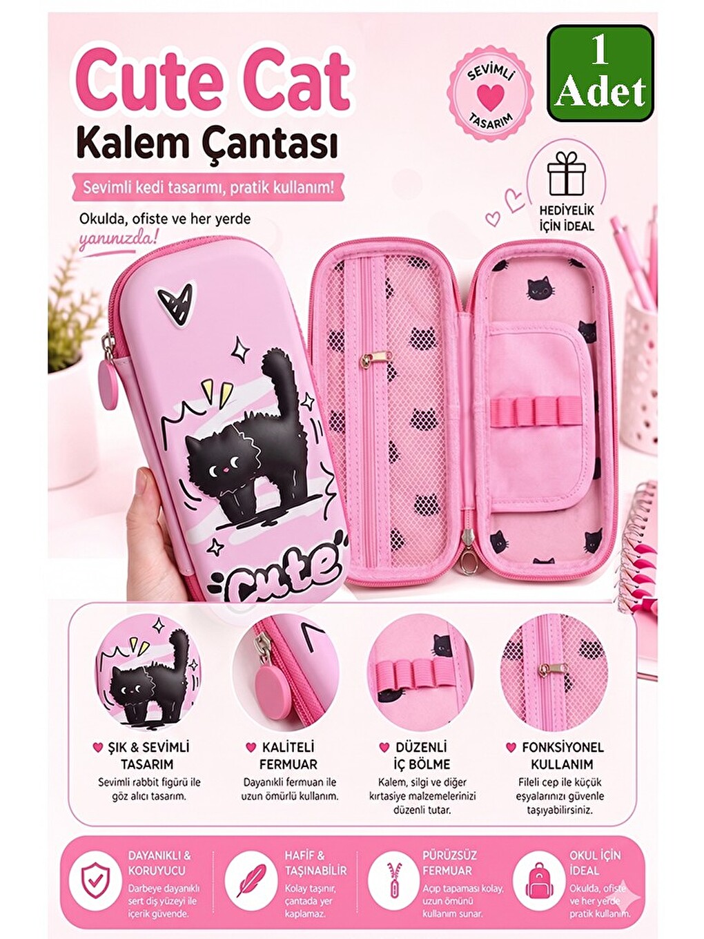 Pembe Kabartmalı Bölmeli Kalemlik 1 Adet P-5922 Kız Çocuk Okul Kalem Kutusu 3 Boyutlu Sevimli Karika