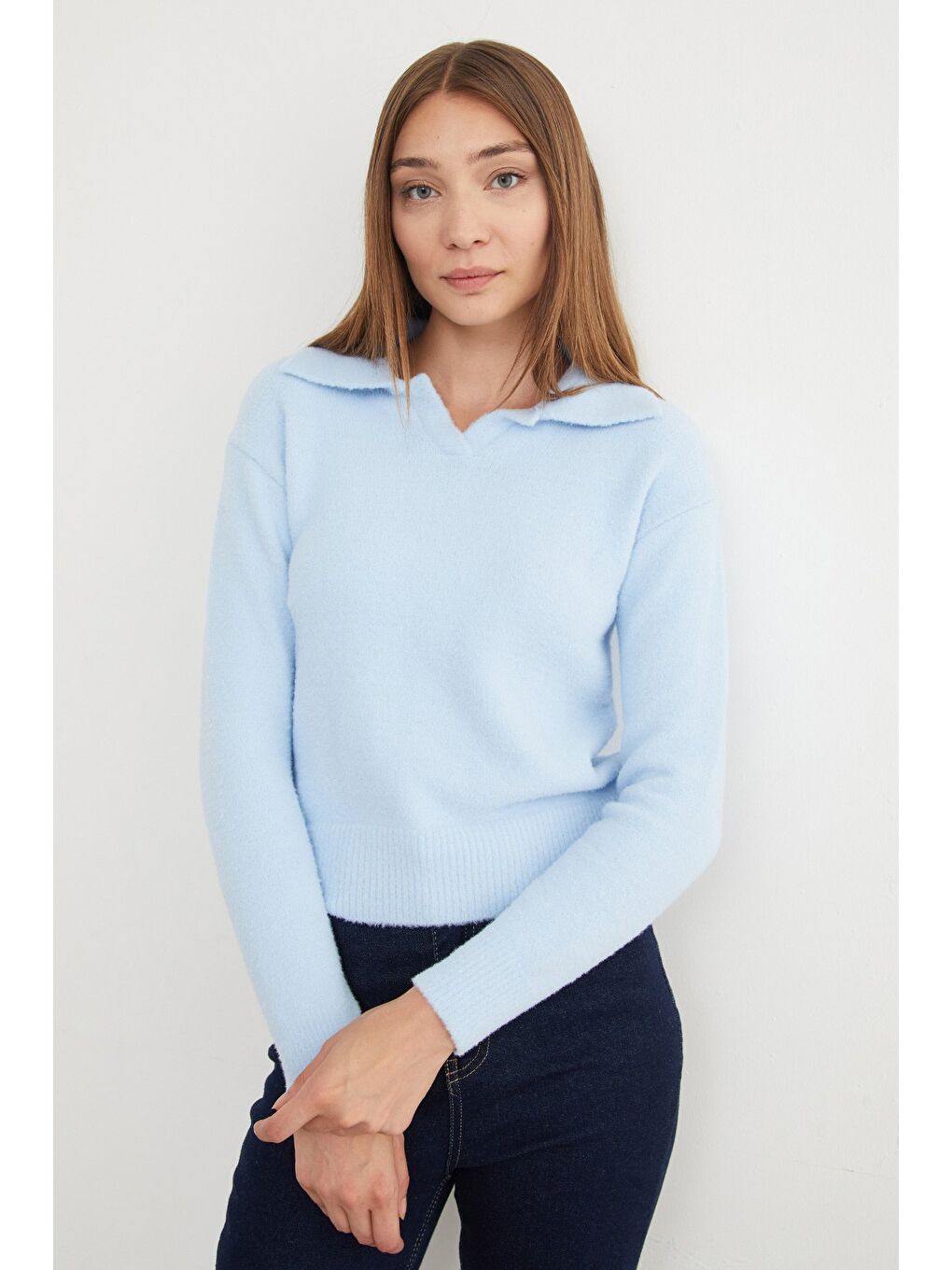 Mavi Basic Gömlek Yaka Sakallı Kazak-2