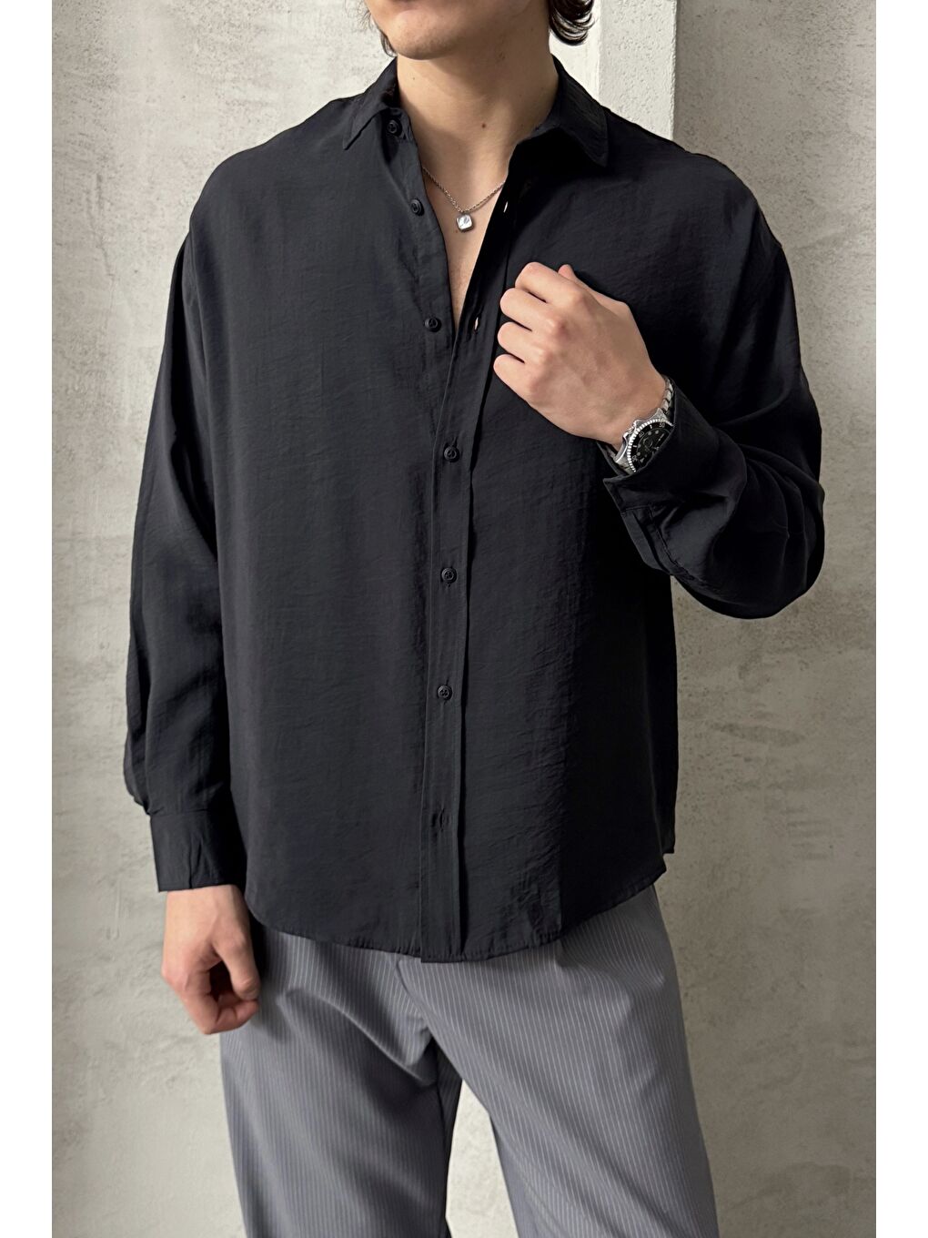 Siyah Erkek Oversize Modal Gömlek-2