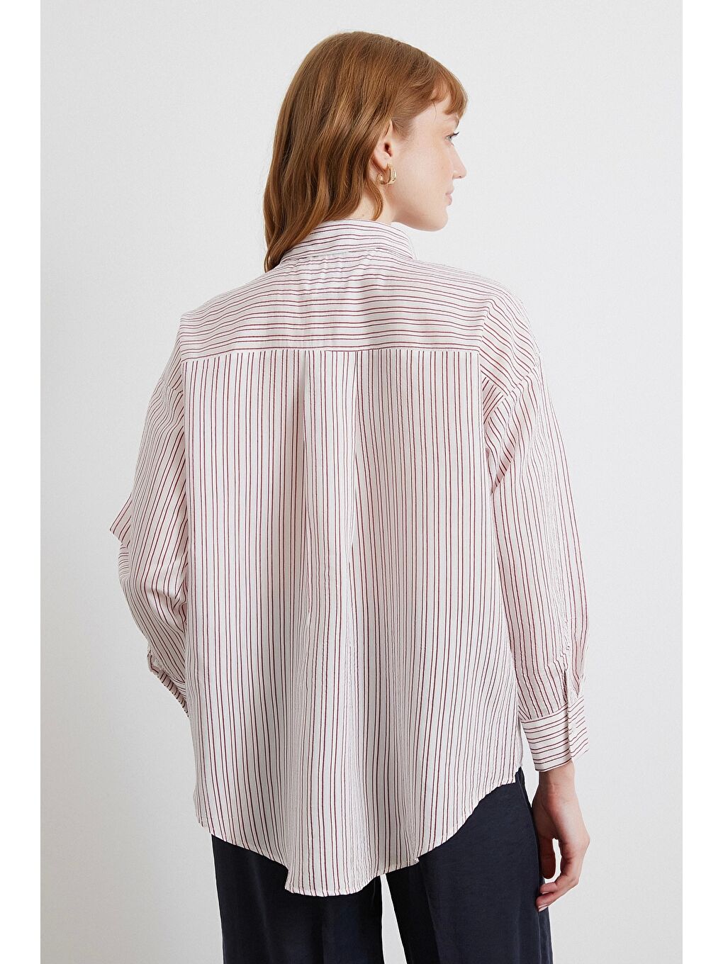 Simetrik Çizgili Gömlek Bordo-3