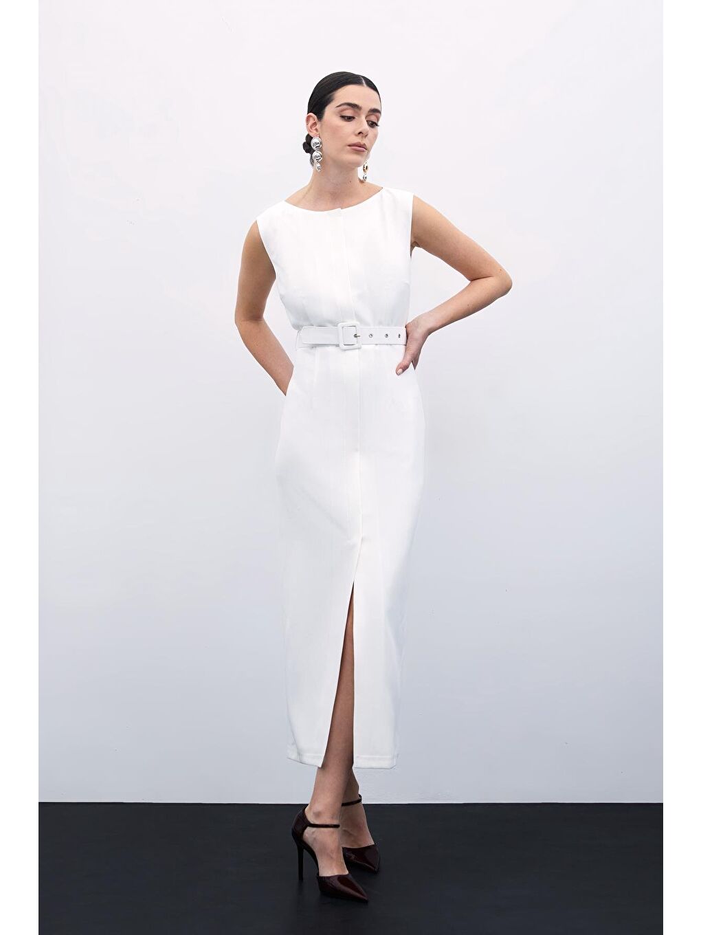 Kemerli Kalem Elbise - Ekru