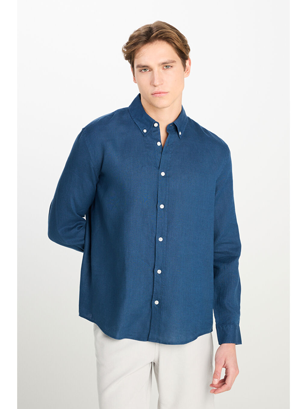 %100 Keten Regular Fit Normal Kesim Lacivert Gömlek