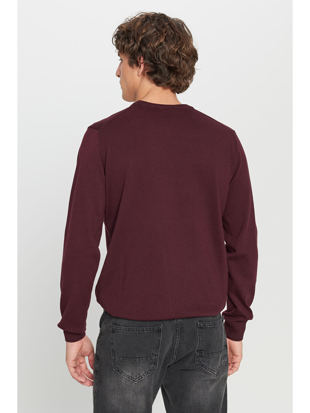 Erkek Bordo Pamuklu Standart Fit Normal Kesim Bisiklet Yaka Triko Kazak-4