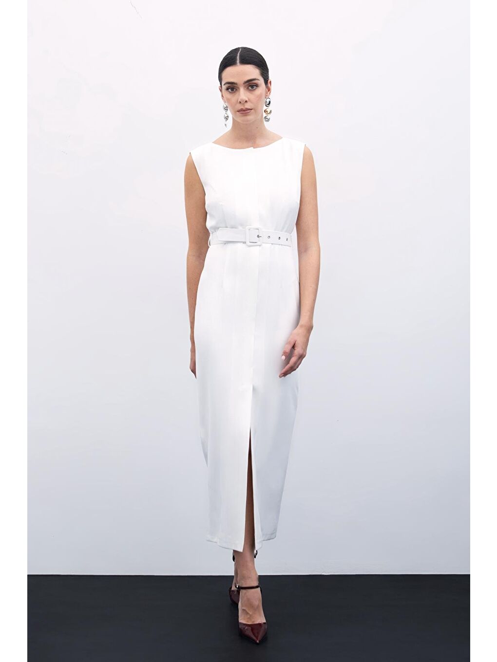 Kemerli Kalem Elbise - Ekru-1