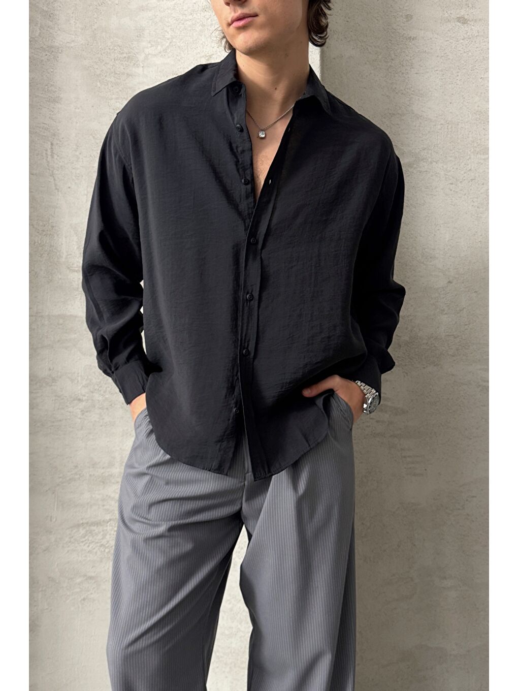 Siyah Erkek Oversize Modal Gömlek-3