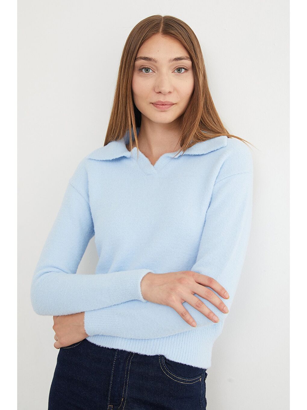 Mavi Basic Gömlek Yaka Sakallı Kazak-3