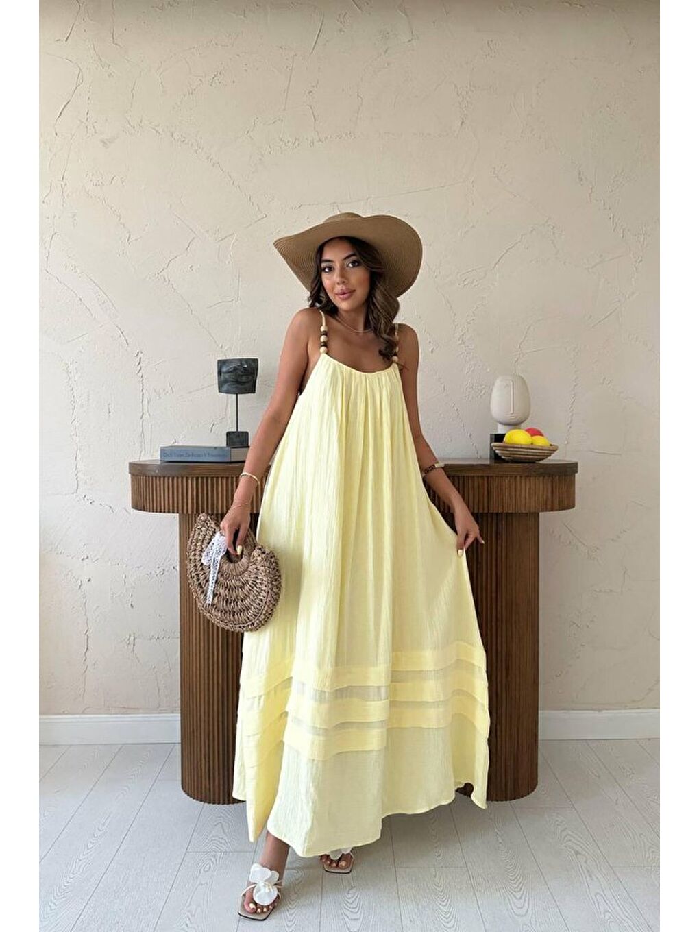 Sarı Askılı Müslin Elbise