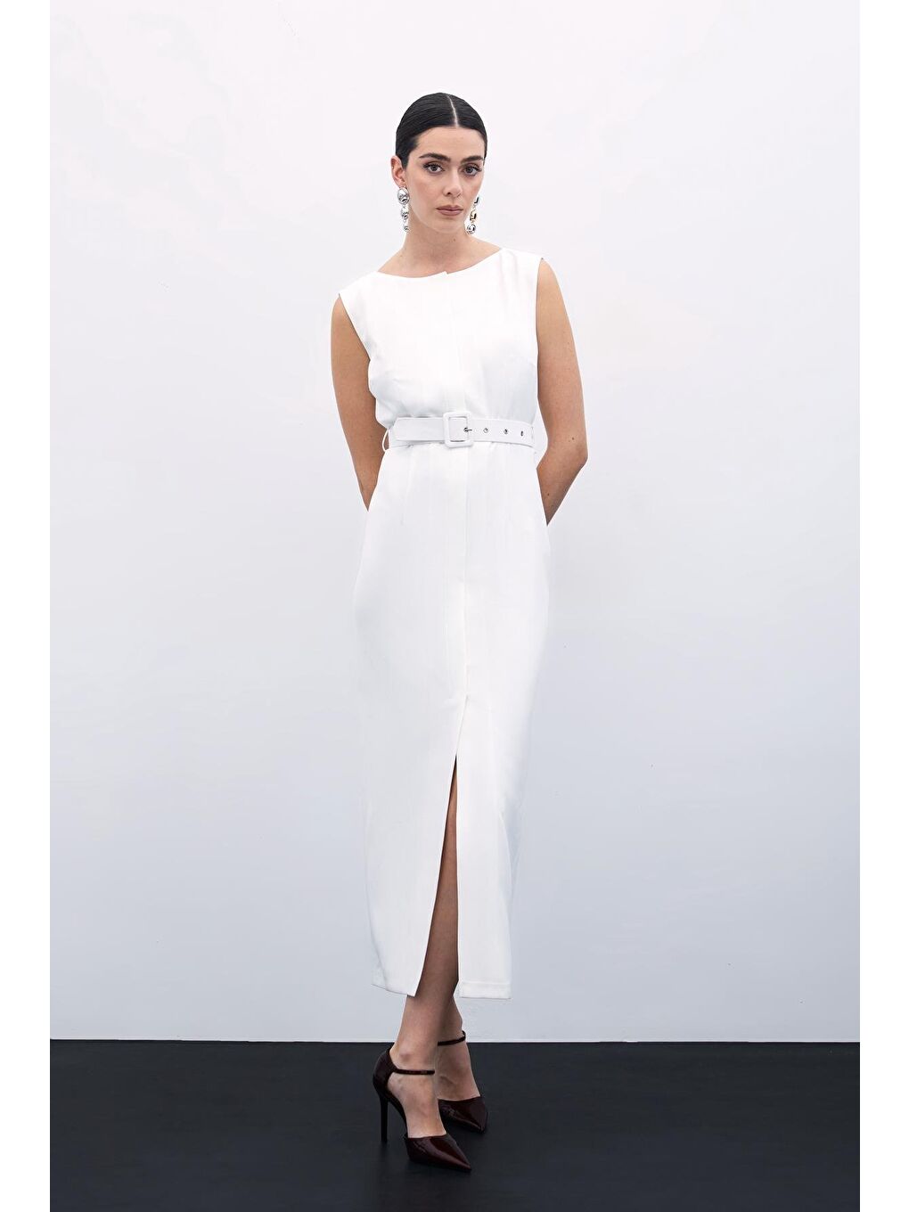 Kemerli Kalem Elbise - Ekru-2