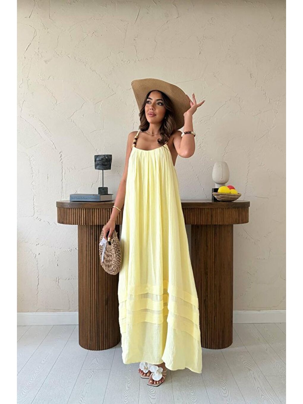 Sarı Askılı Müslin Elbise-1