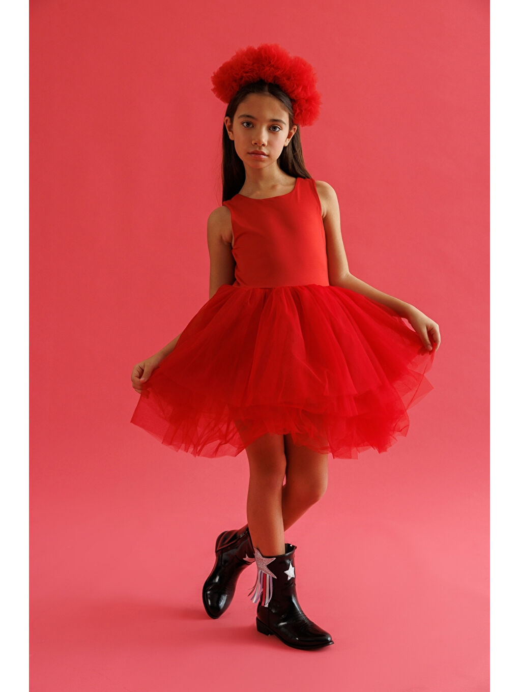 Kırmızı Tül Etekli Kız Çocuk Balerin Elbise - Carmen