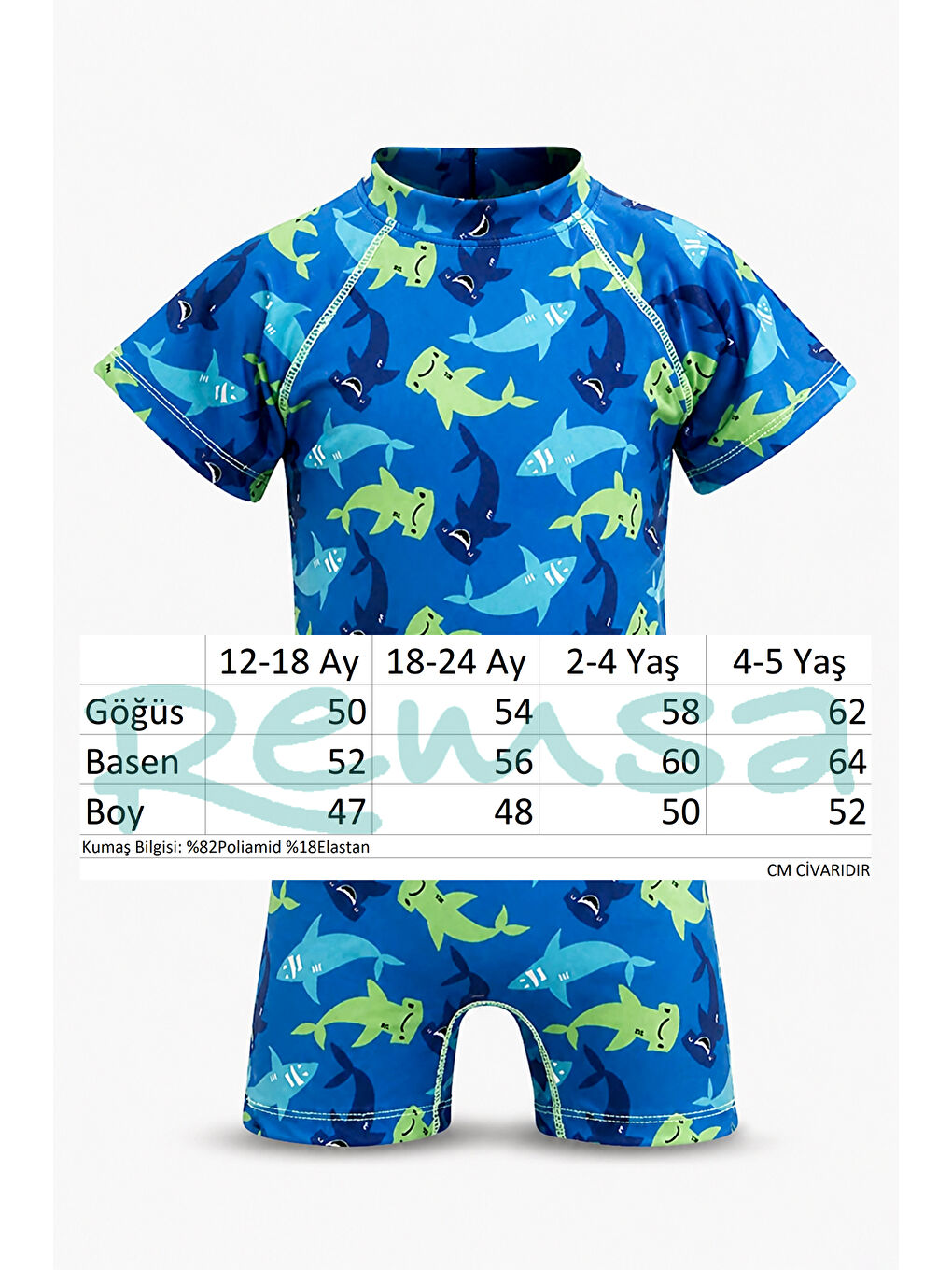 Ekru UV Korumalı Tulum Kısa Kollu Şortlu Çocuk Bebek Yüzücü Mayo C64 Shark Köpek Balığı-4
