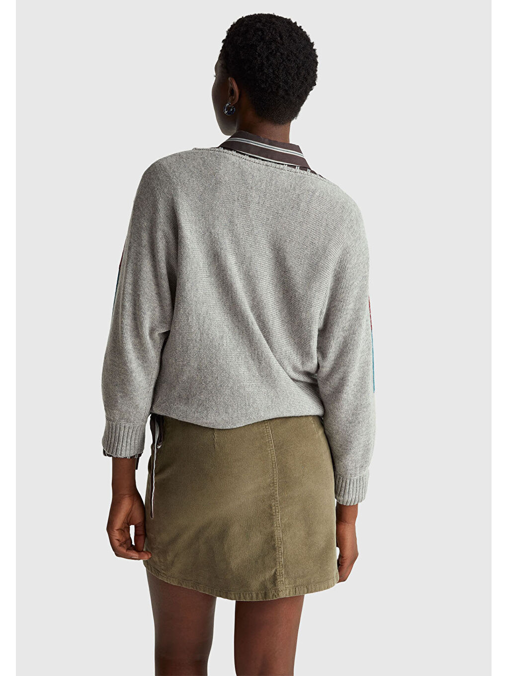 Kadın Gri Melanj Kaşmir Karışımlı Desenli Kayık Yaka Stranger Things Kazak-2