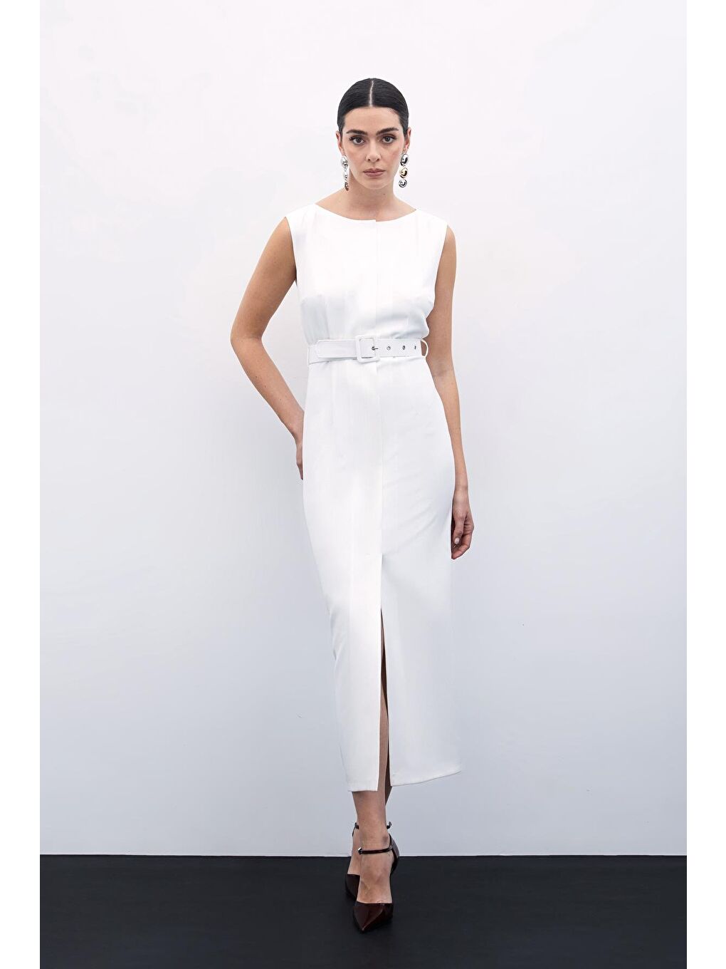 Kemerli Kalem Elbise - Ekru-3