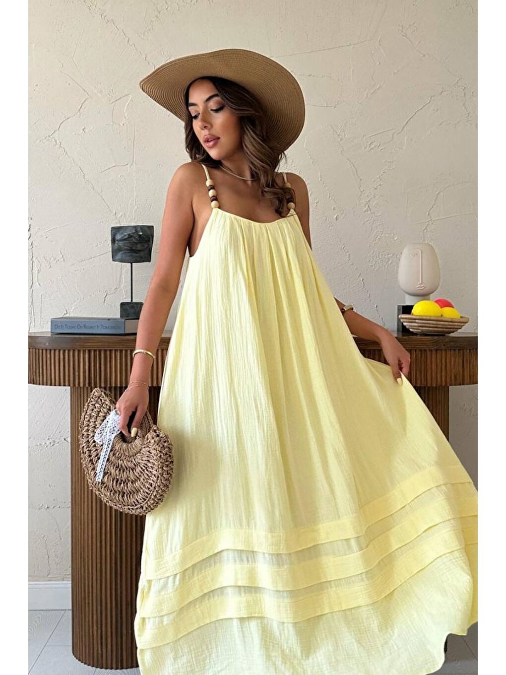 Sarı Askılı Müslin Elbise-2