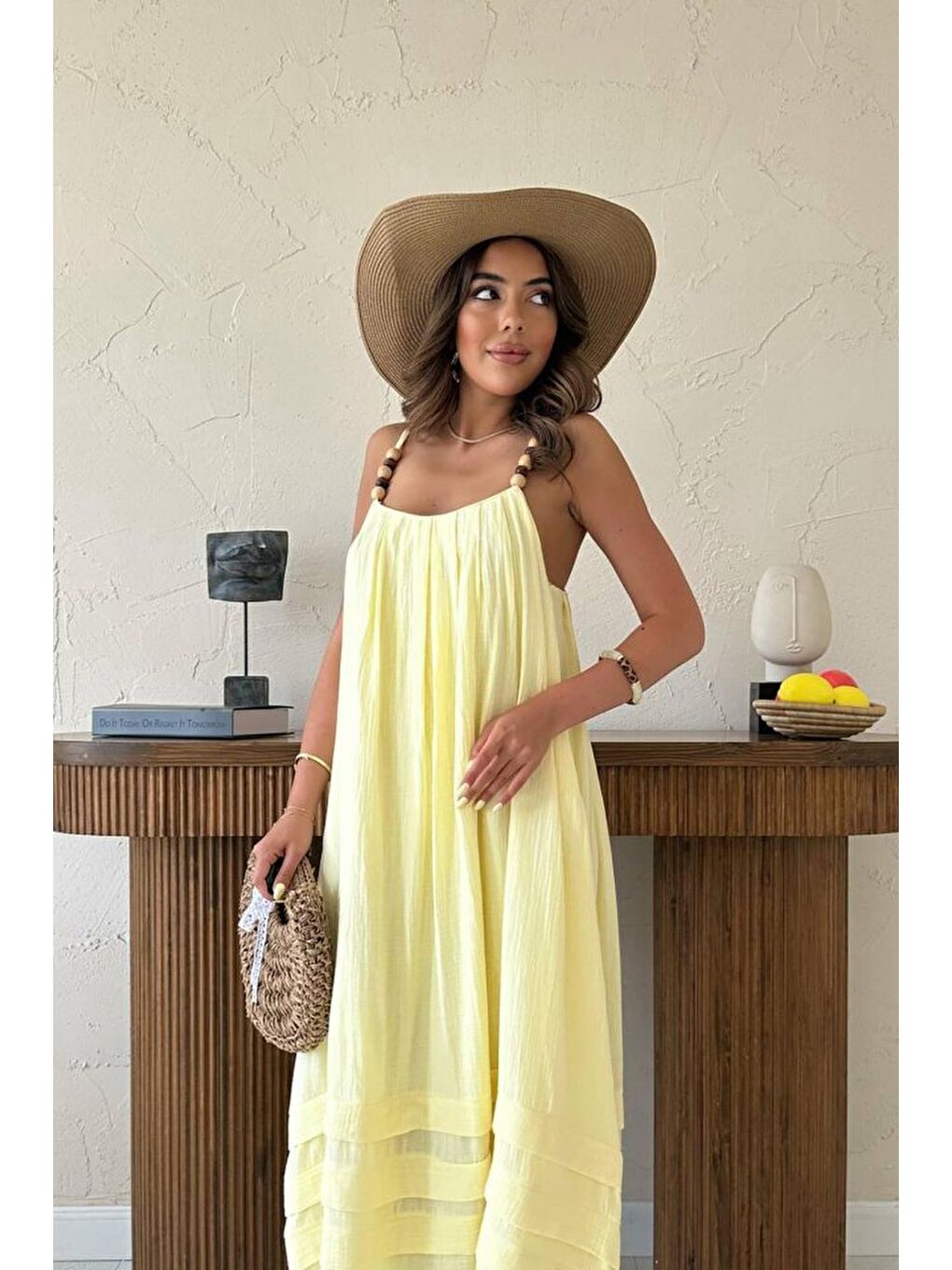 Sarı Askılı Müslin Elbise-3