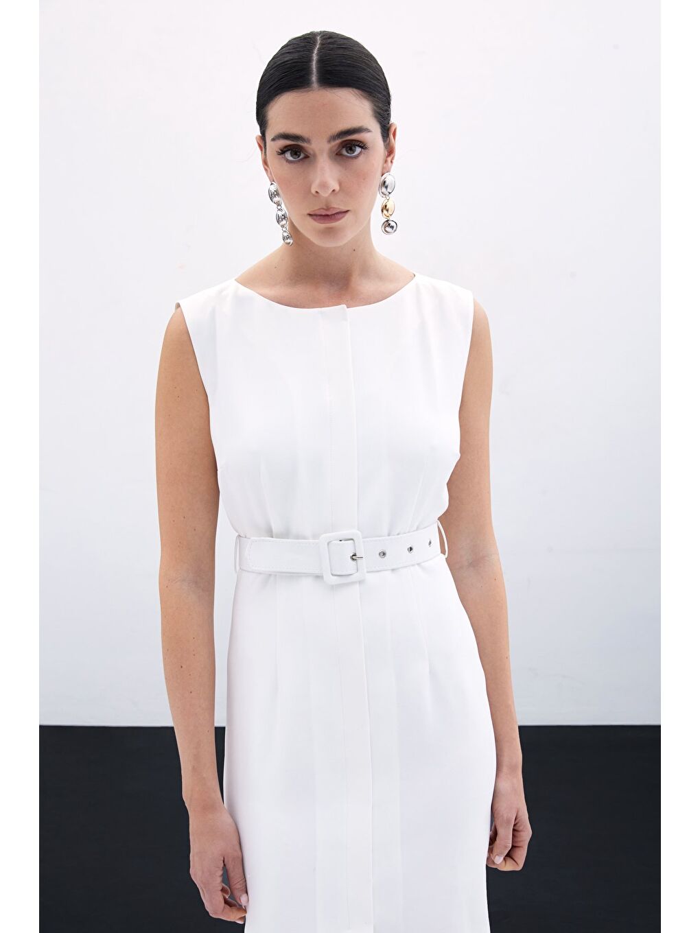 Kemerli Kalem Elbise - Ekru-4