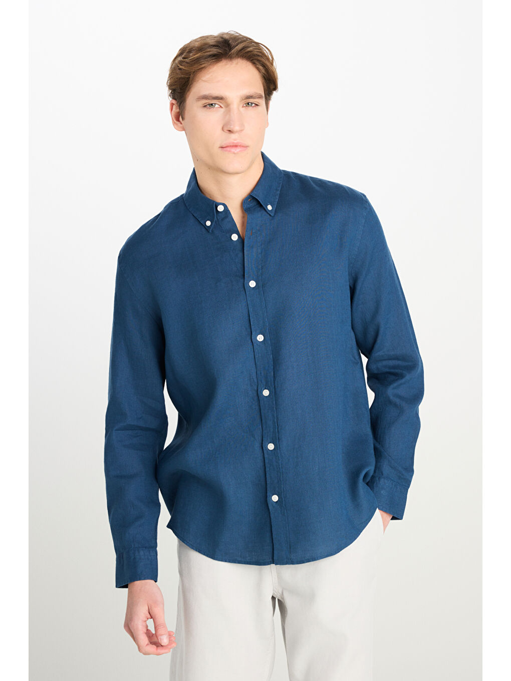 %100 Keten Regular Fit Normal Kesim Lacivert Gömlek-1