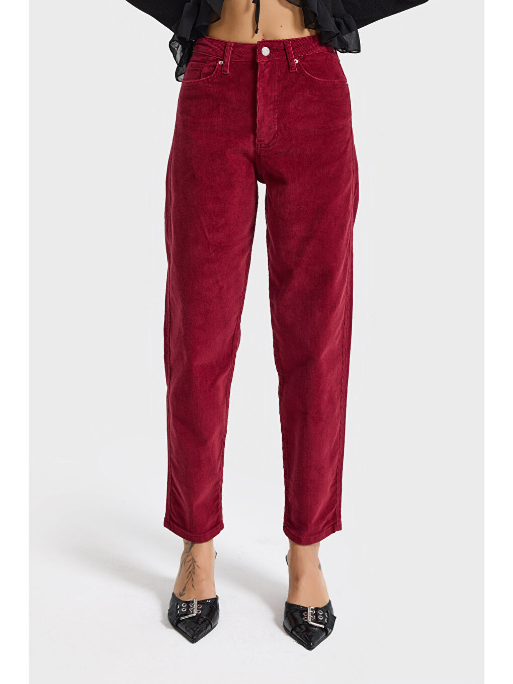 Kadın Bordo Renk 26w5-35 Relax Fit Esnek Kumaş İnce Fitilli Velvet Kadife Kumaş Pantolon-1