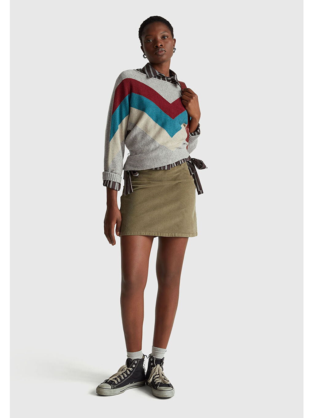 Kadın Gri Melanj Kaşmir Karışımlı Desenli Kayık Yaka Stranger Things Kazak-4