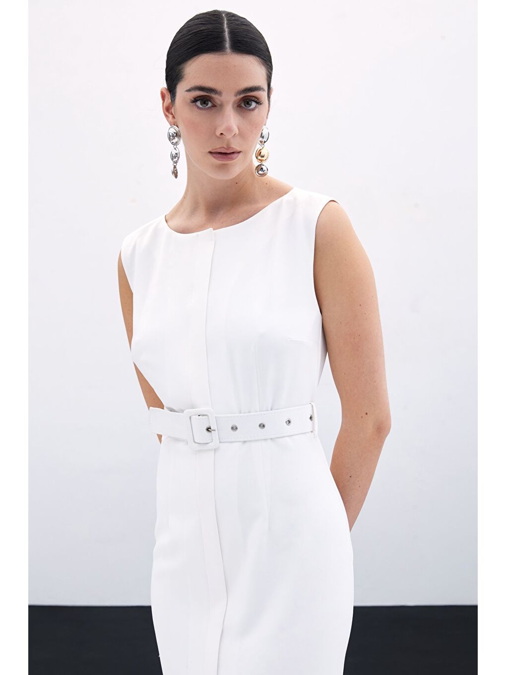 Kemerli Kalem Elbise - Ekru-5