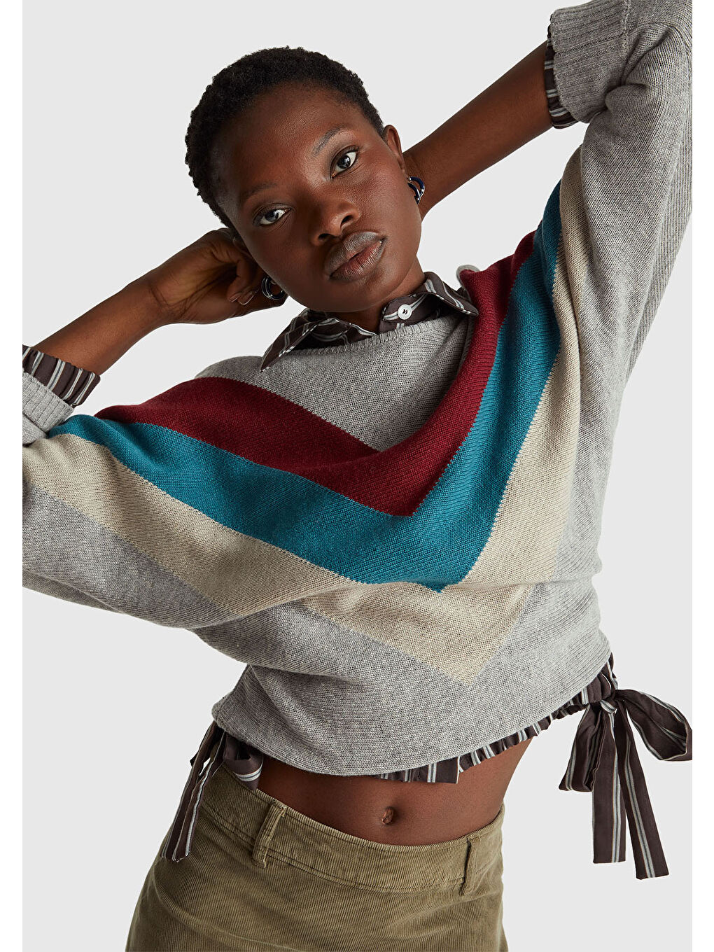 Kadın Gri Melanj Kaşmir Karışımlı Desenli Kayık Yaka Stranger Things Kazak-5