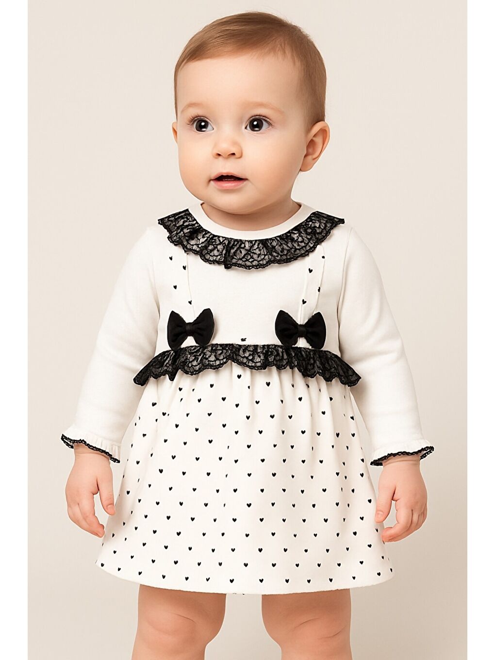 Beyaz Kız Bebek Puantiyeli Desenli Dantelli Fiyonklu Askılı Elbise Takım