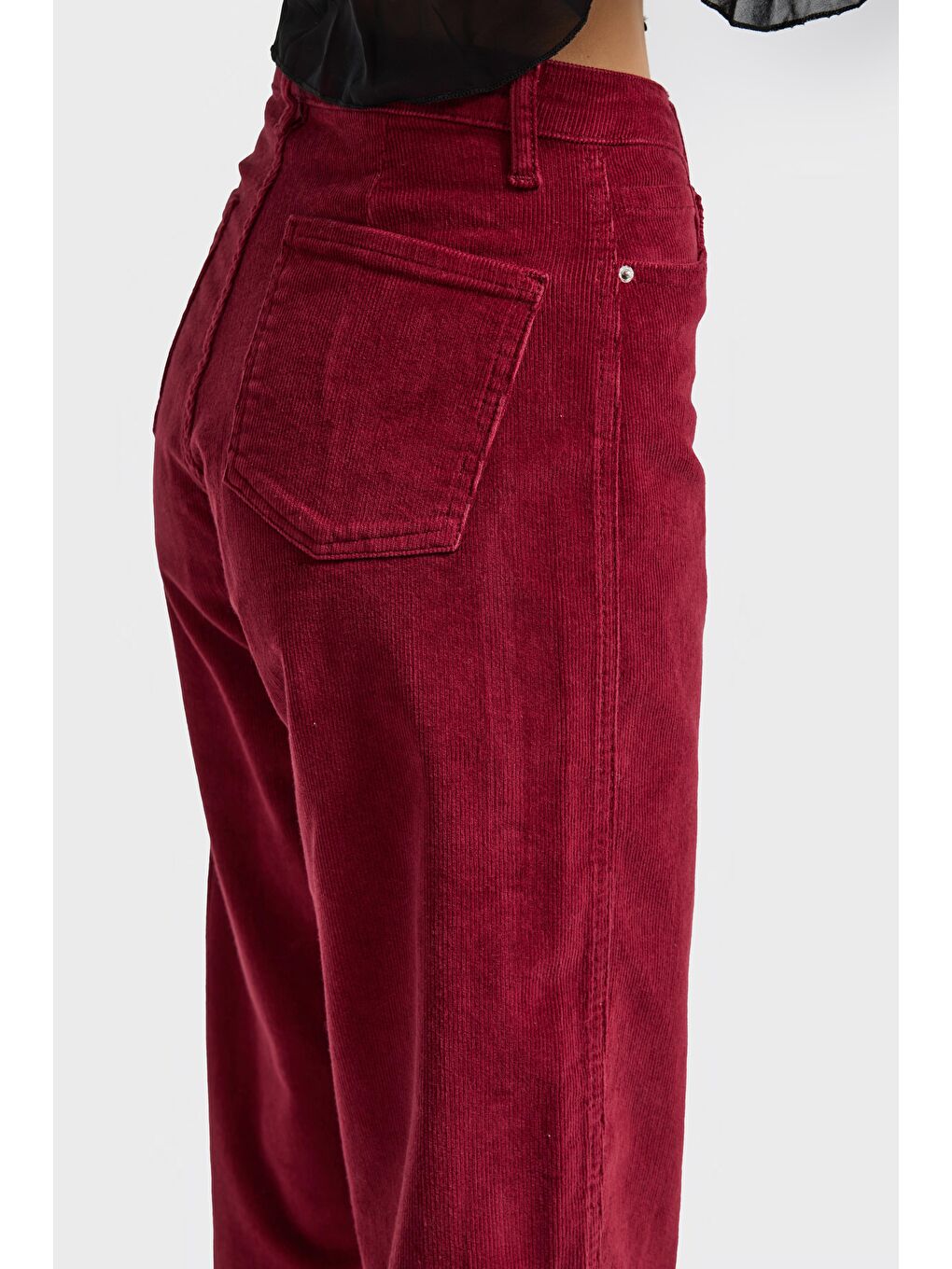 Kadın Bordo Renk 26w5-35 Relax Fit Esnek Kumaş İnce Fitilli Velvet Kadife Kumaş Pantolon-2