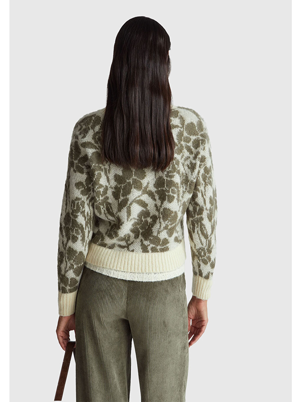 Ekru Kadın Krem Akrilik Karışımlı Desenli Ribana Detaylı Bisiklet Yaka Kazak-2