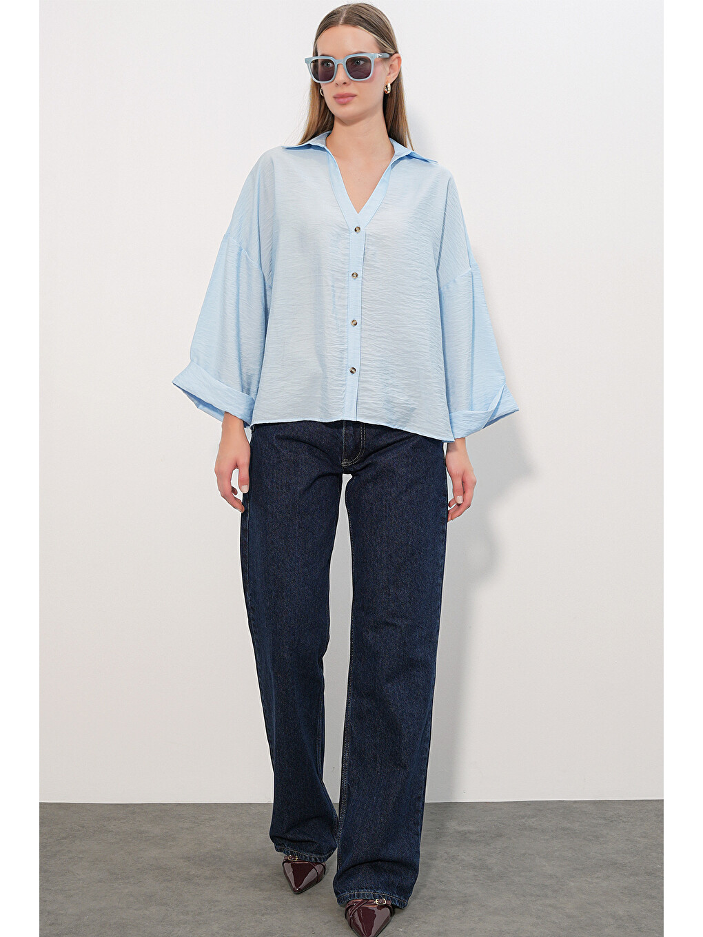 Kadın Geniş Kol Oversize Gömlek 20401 - Mavi-1
