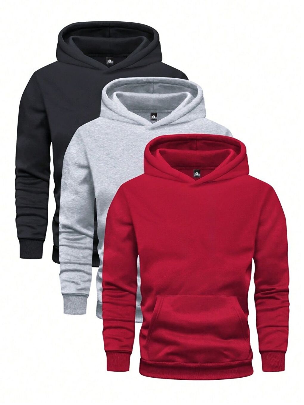 3'lü Set Erkek Siyah Gri Kırmızı Oversize Düz Kapüşonlu Sweatshirt