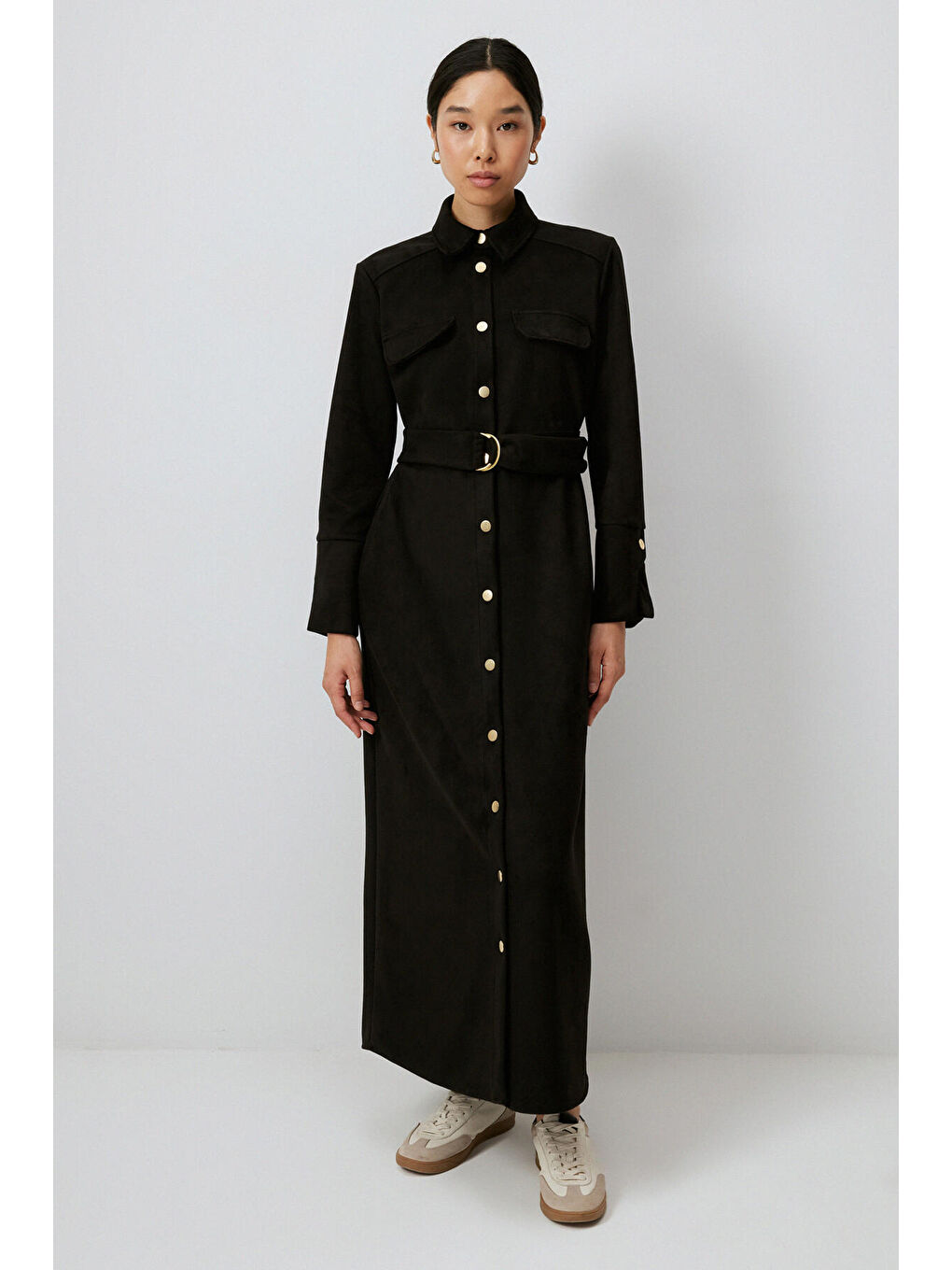 Siyah Gold Düğmeli Süet Elbise