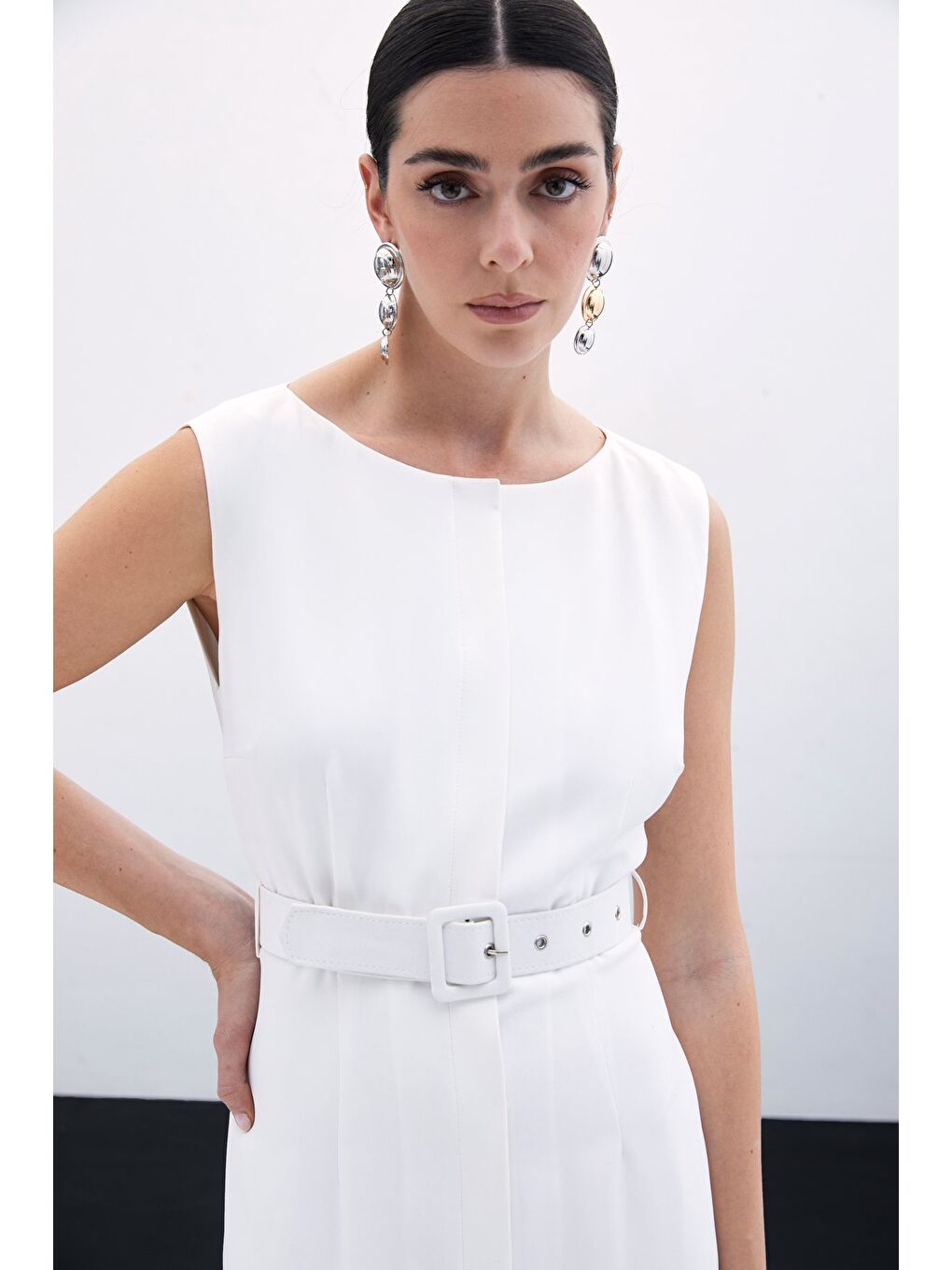 Kemerli Kalem Elbise - Ekru-6