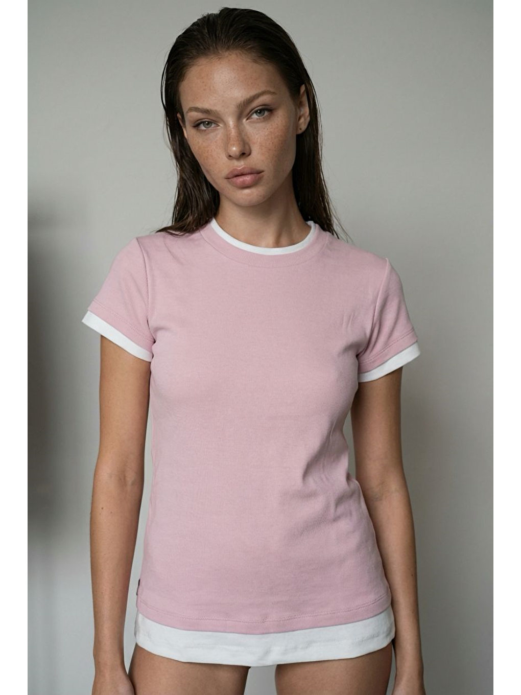 Pembe Pudra Bisiklet Yaka Çift Renkli Basic Tişört Mg2682