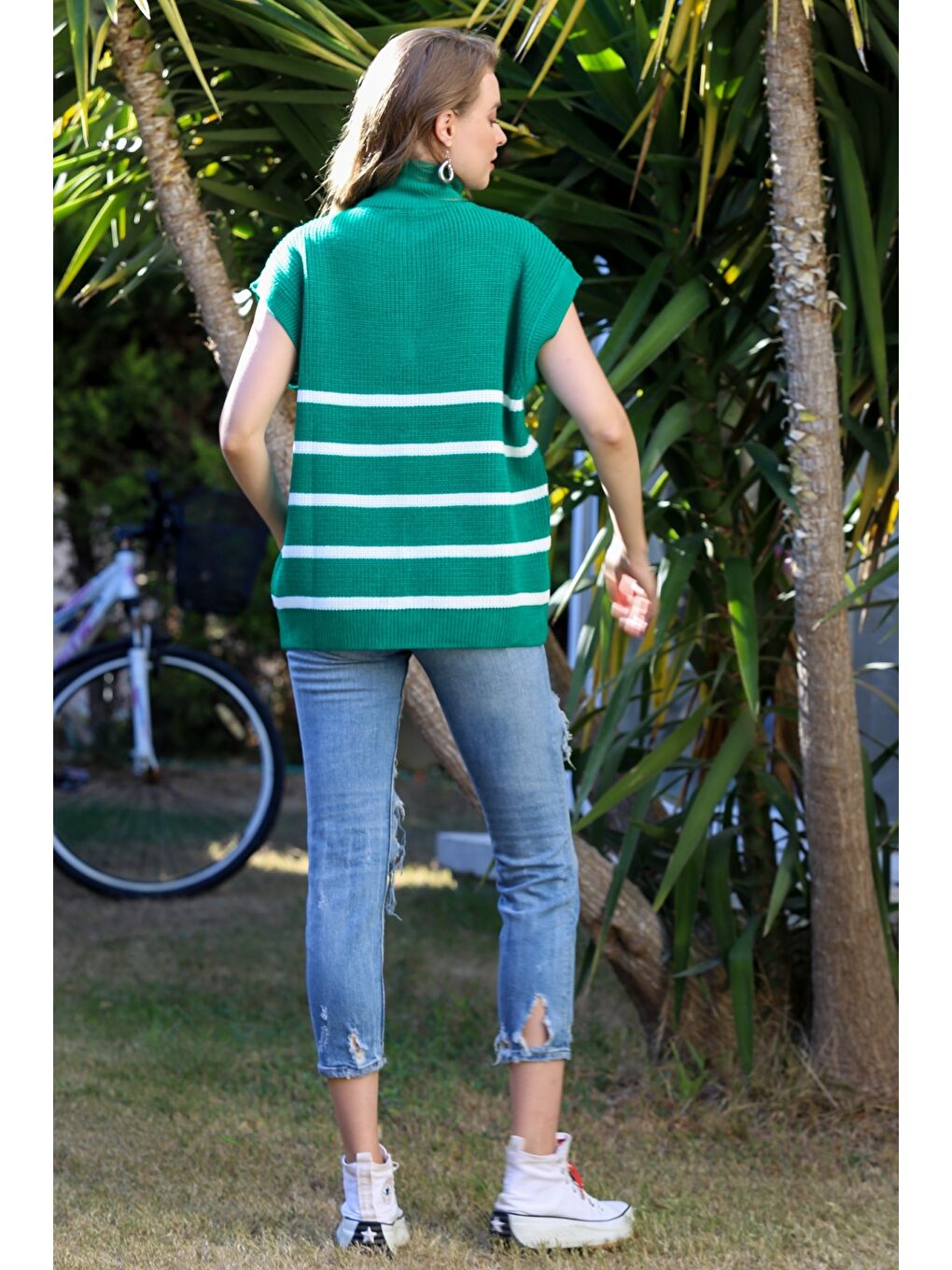 Yeşil Dik Yaka Kolsuz Fermuarlı Triko Oversize Kazak-1