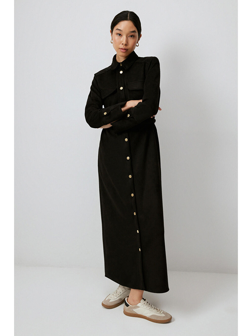 Siyah Gold Düğmeli Süet Elbise-1