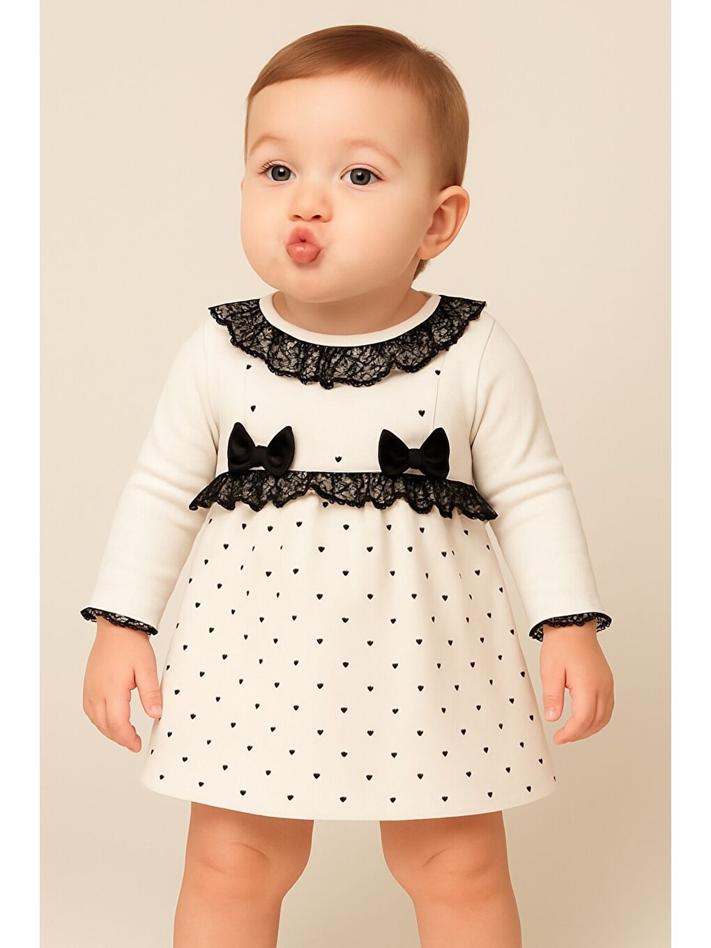 Beyaz Kız Bebek Puantiyeli Desenli Dantelli Fiyonklu Askılı Elbise Takım-1
