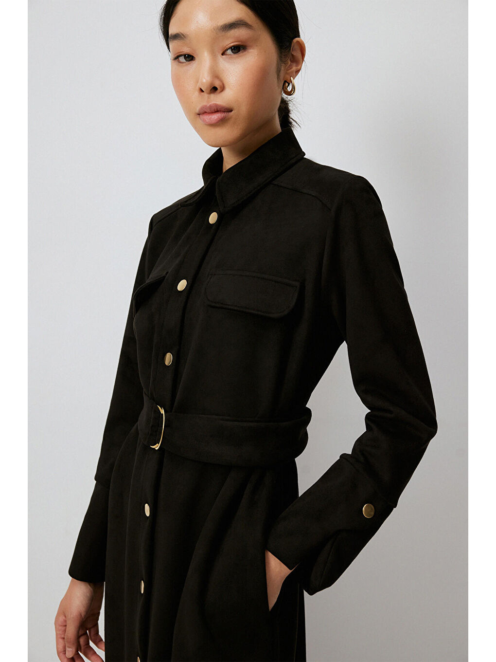 Siyah Gold Düğmeli Süet Elbise-2