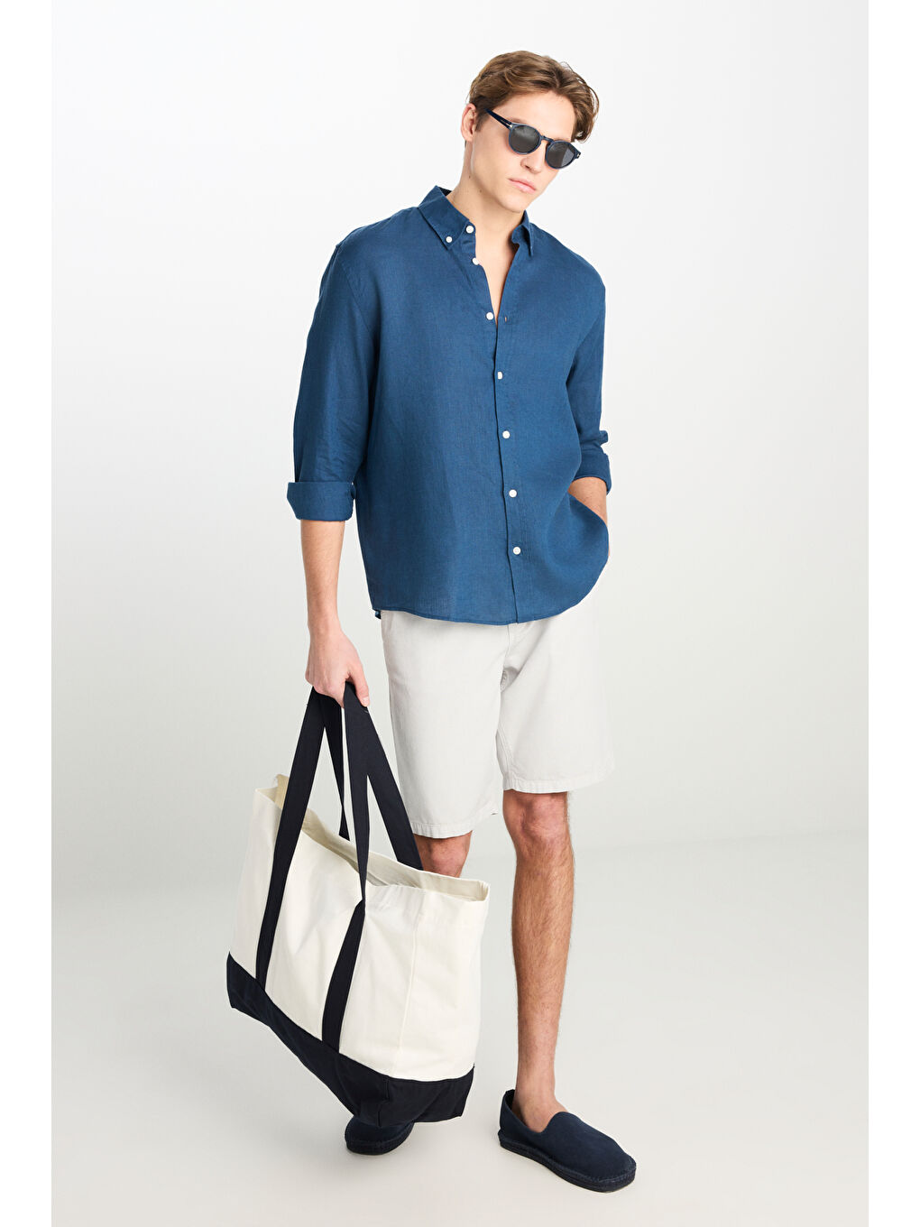 %100 Keten Regular Fit Normal Kesim Lacivert Gömlek-2