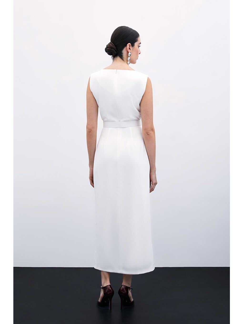 Kemerli Kalem Elbise - Ekru-7