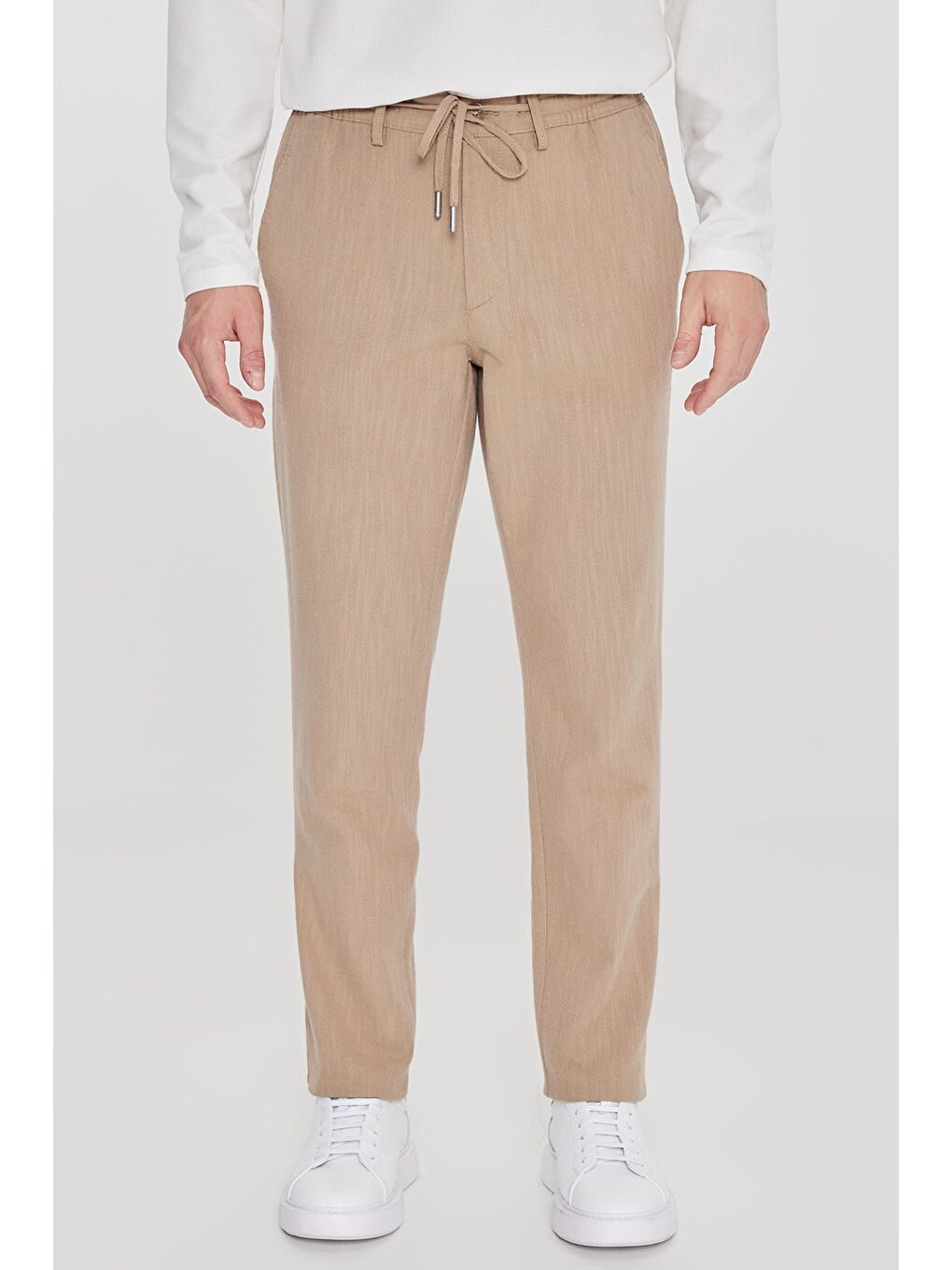 Erkek Bej Keten Slim Fit Dar Kesim Beli Bağlamalı Yan Cepli Casual Pantolon-1
