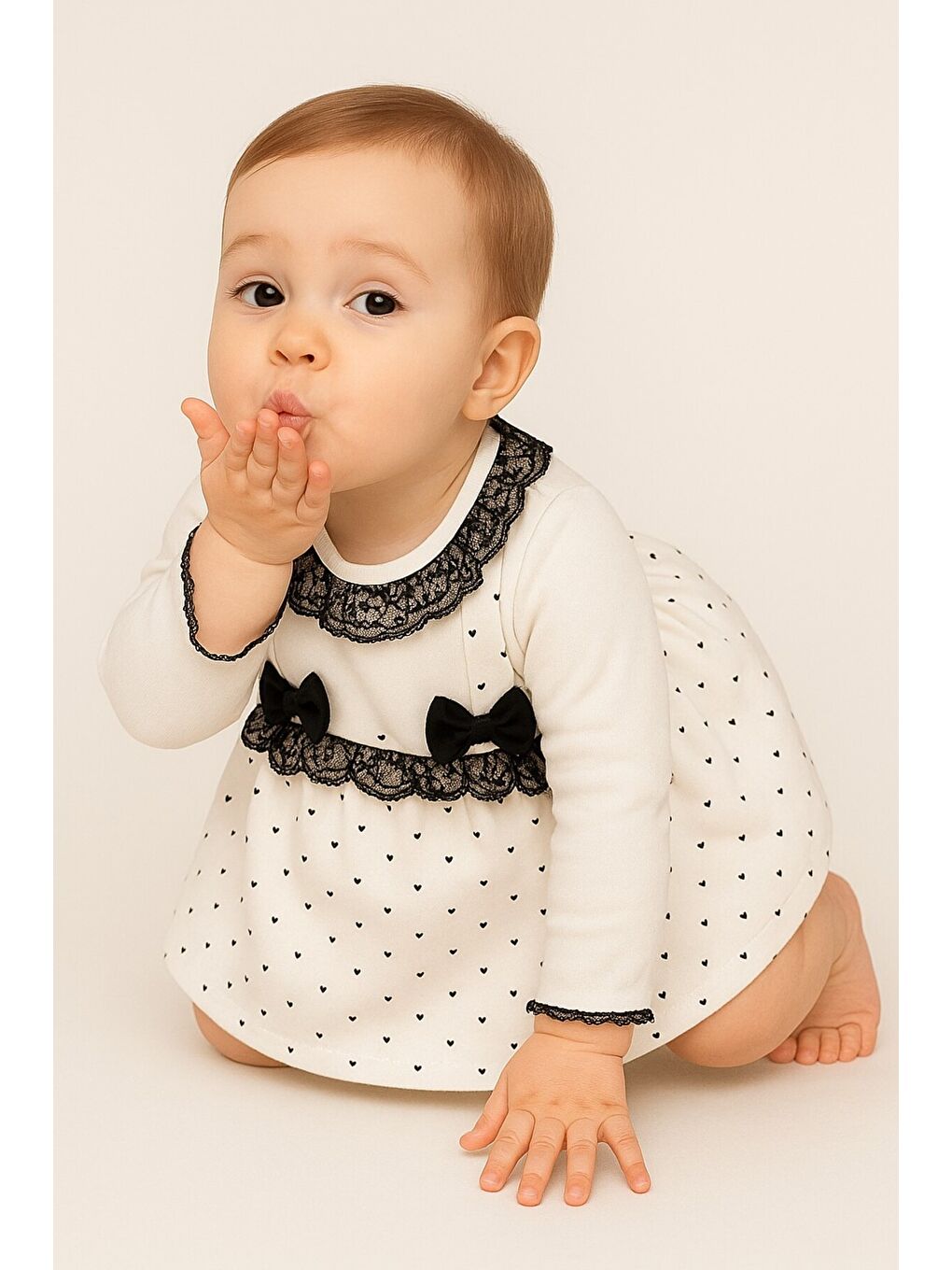 Beyaz Kız Bebek Puantiyeli Desenli Dantelli Fiyonklu Askılı Elbise Takım-2