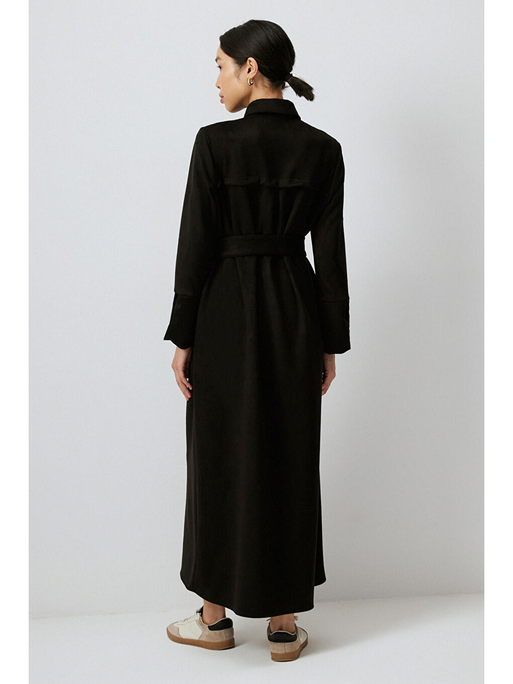 Siyah Gold Düğmeli Süet Elbise-4