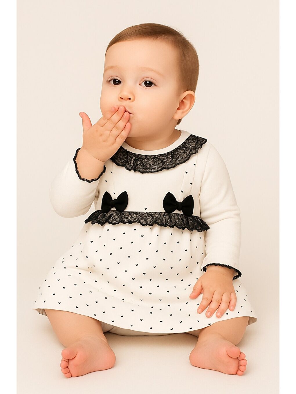 Beyaz Kız Bebek Puantiyeli Desenli Dantelli Fiyonklu Askılı Elbise Takım-3