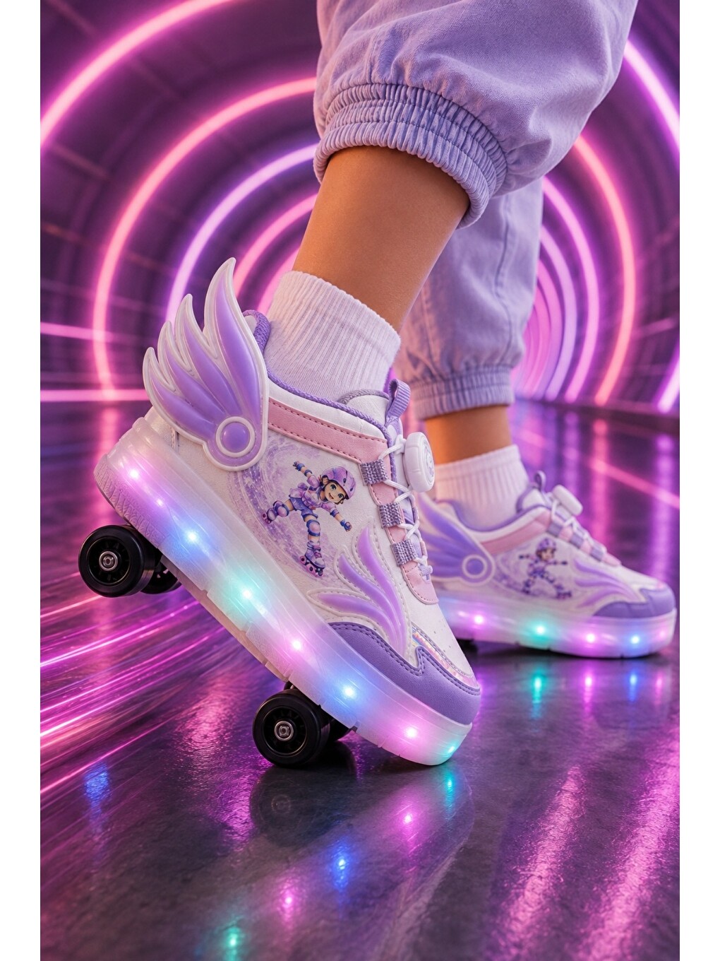 Lila Wıngs Çocuk Kanat Detaylı Işıklı Patenli Tekerlekli Sneaker Spor Ayakkabı-5