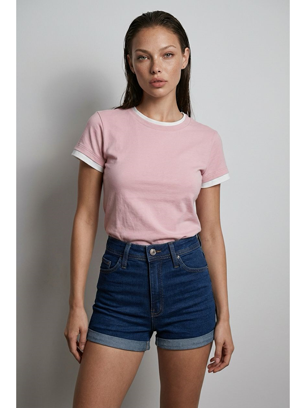 Pembe Pudra Bisiklet Yaka Çift Renkli Basic Tişört Mg2682-1